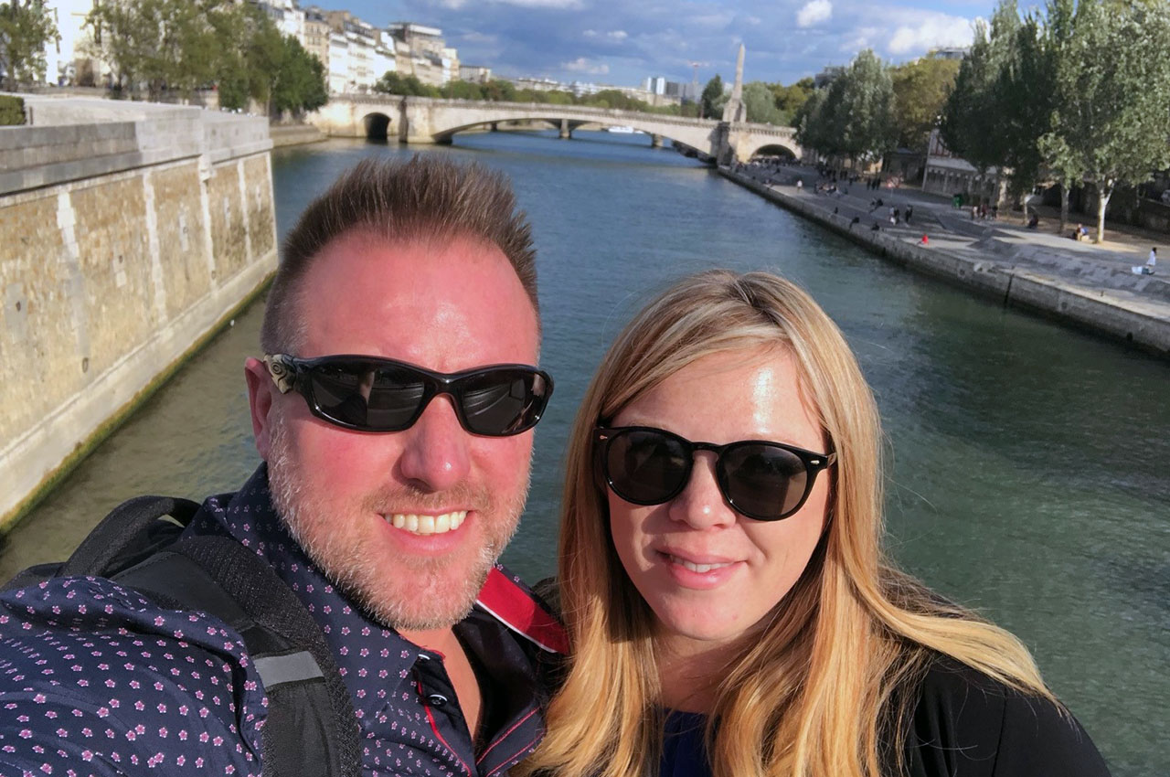 Celebrating our 15th anniversary trip to Paris. First selfie with my husband, Darrell, on the Seine River.
