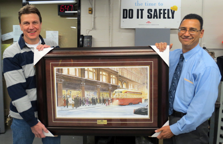 Recipient: Electrician Ed Saczkowski, left, celebrated a quarter-century of service recently. Location: Elevating Devices in Plant Maintenance. Presenter: Elevating Devices Manager Dexter Collins, right.