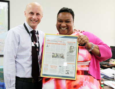Recipient: Analysis and Procedures Co-ordinator Michelle Jones was congratulated on 20 years of service with her long-service pin and framed 24 Hours Toronto page featuring her profile. Location: Portfolio Management Office. Congratulated by: CEO Andy Byford and Chief of Staff Joan Taylor (not pictured).