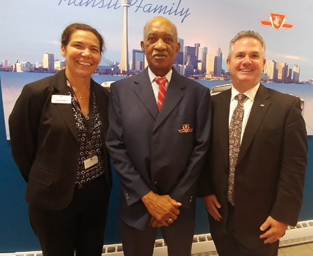 Recipient: Operator Rudy Wilson, centre, was congratulated on reaching 40 years long and dedicated service with the Commission. Location: Mount Dennis Division. Congratulated by: Chief Service Officer Rick Leary, Deputy Chief Service Officer Kirsten Watson and CEO Andy Byford (not pictured).