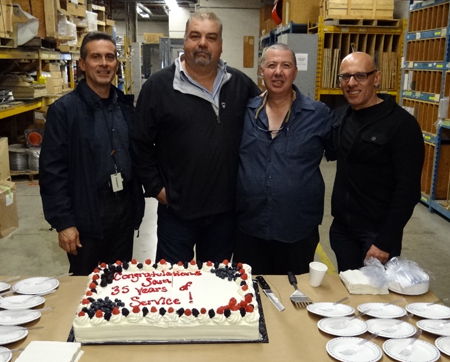 Recipient: Senior Storeperson Sam Nardi, second from right, celebrated 35 years of service with the TTC. Location: Duncan Shop Store. Congratulated by: (from left) Central Stores Supervisor Remo Mariglia, Divisional Stores Supervisor David DiTaranto and Central Stores Supervisor Joe D’Ettore.