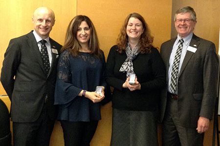 Recipients: Safety, Health & Environment Policy and Strategy Manager Betty Hasserjian, left, and Occupational Health and Environment Manager Stephanie Fortin, right, both celebrated their 15-year anniversaries. Location: Safety and Environment. Congratulated by: CEO Andy Byford, far left, and Chief Safety Officer John O’Grady, far, right.