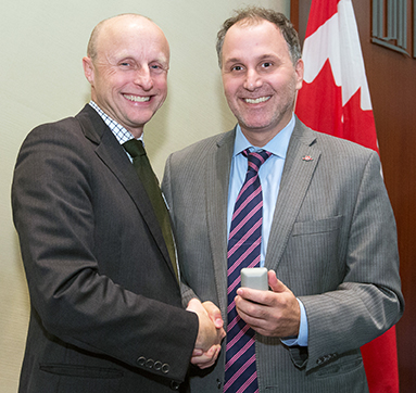 Recipient: CEO Andy Byford, left, receives his 5 year pin. Location: Toronto City Hall. Congratulated by: TTC Chair Josh Colle.