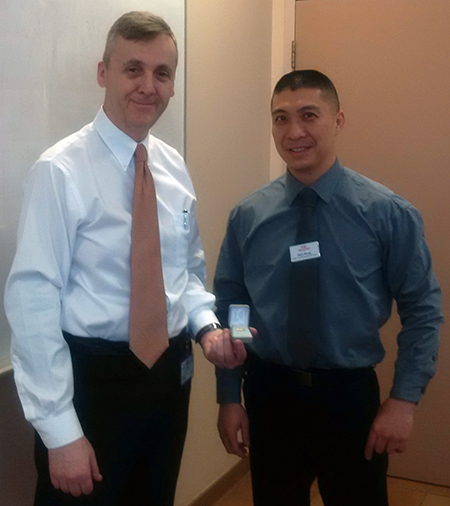 Recipient: Fleet Manager Ian Jordan, left, celebrated his 35 year anniversary with the Commission. Location: Bus Maintenance and Shops Department. Congratulated by: Head Rich Wong.