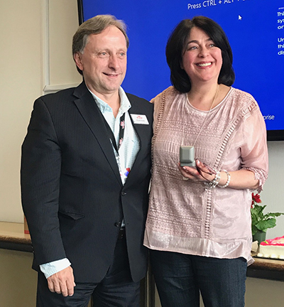 Recipient: Administrative Coordinator Ana Patrone celebrated 35 years of service with the TTC. Location: Commission Services Department at Head Office. Congratulated by: Chief Financial and Administration Officer Vincent Rodo.