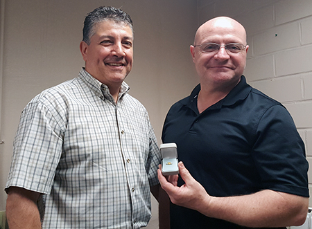 Recipient: Elevating Devices Foreperson John Sciarra, right celebrated 25 years of service with the TTC. Location: Location: Plant Maintenance Department. Congratulated by: Supervisor Frank Cannella, left.