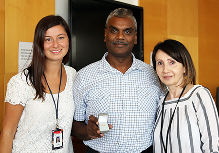 Recipient: Payroll Services Manager David Abdool celebrated his 25th anniversary with the TTC recently. Location: Employee Service Centre. Congratulated by: Director Anja Schiralli, left, and Chief People Officer Gemma Piemontese, right.
