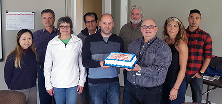 Recipient: Senior Construction Inspector Dave MacDonald and Construction Site Manager Vasily Khodanovich each celebrated 10 years of service with the TTC. Location: Don Mills Office, Engineering, Construction and Expansion. Congratulated by friends and co-workers.