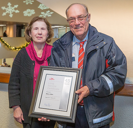 45 years of service: Wilson Operator Barry Allen, with his wife, Marie. Department: Bus Transportation.