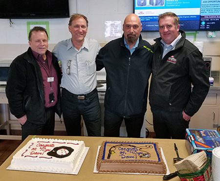 Recipient: Operations Assistant Dave Crabtree, second from left, was celebrated four decades of service with the Commission. Location: Wilson Garage. Congratulated by: Bus Maintenance and Shops Head Al Pritchard, Garages and Shops Senior Manager Frank Trianni and Wilson Garage Manager Scott Dixon.