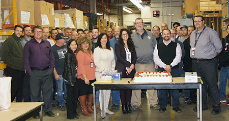 Recipient: Senior Storeperson Elliot Jordan, centre, was congratulated on his 40th anniversary with the Commission. Location: Materials and Procurement Department. Congratulated by: Distributed Inventory Control Manager Ross Virgilio, Materials Management Director Sandeep Kumar, retired Manager Mike LePera and friends and co-workers.