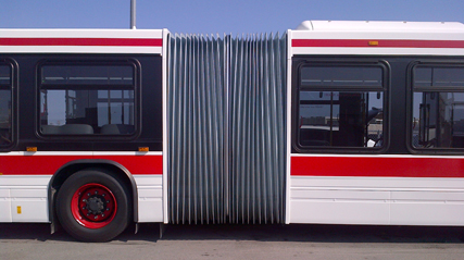 Articulated test bus #9000 exterior view.