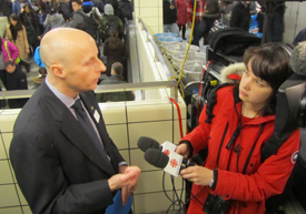 CEO Andy Byford speaks with Radio Canada about The Customer Charter at Bloor-Yonge Station on February 28.
