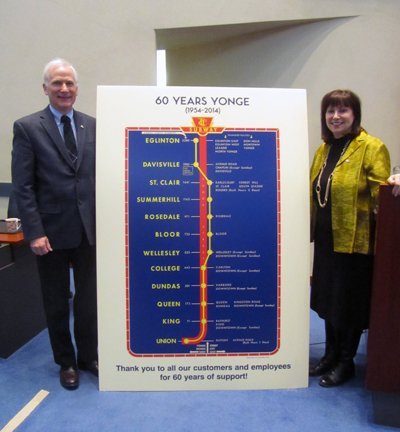 TTC Chair Maria Augimeri and Commission John Parker with Yonge Subway 60th anniversary poster.