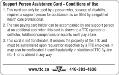 Support Person Assistance Card (back).