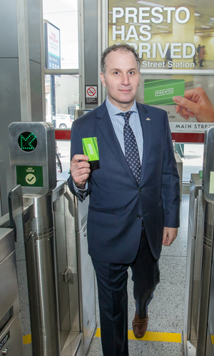 TTC Chair Josh Colle officially launches PRESTO at Main Street Station on April 8.