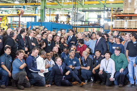 PM Trudeau poses with Greenwood Shop employees.
